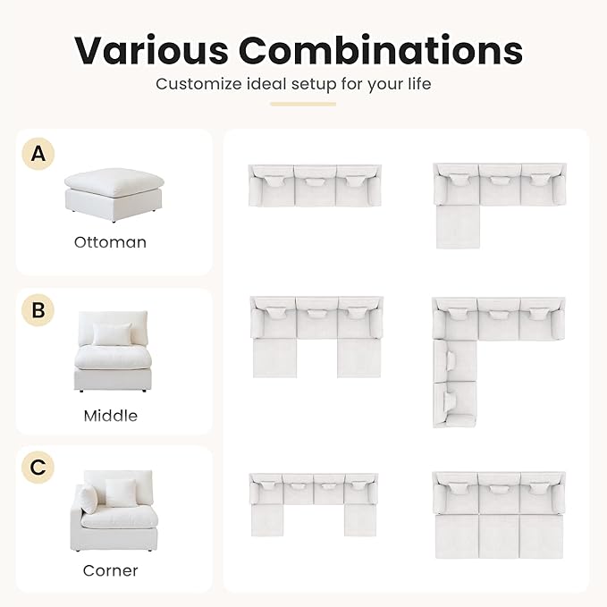156" Cloud Couch Modular Sectional Sofa with Ottoman,L Shaped Down Couch, Down Filled Convertible Sofa,Cover Washable and Replaceable Couches for Living Room,White