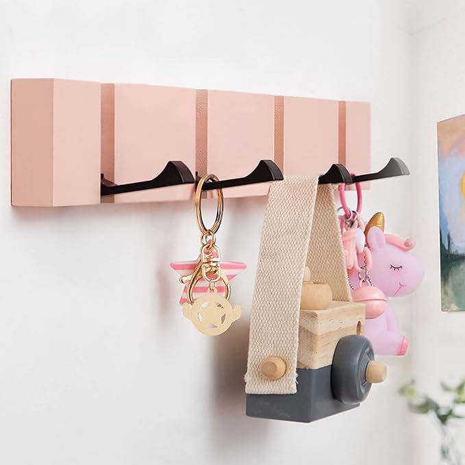 Pink Coat Hooks Wall Mounted for Girls, Modern Coat Rack with Folding Hooks, Beautiful Hooks for Girl Bedroom – Pink 4 Hooks