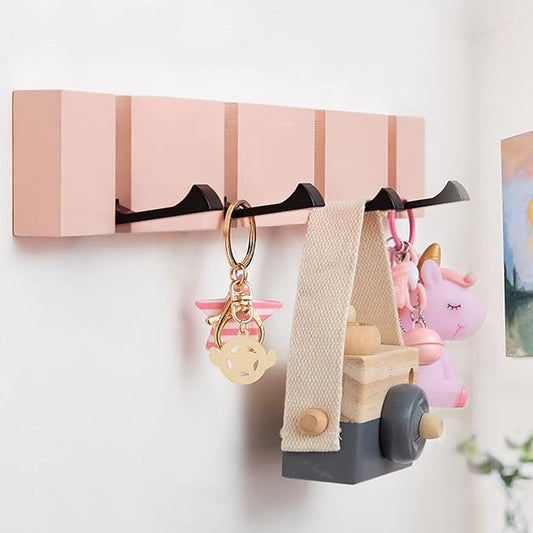 Pink Coat Hooks Wall Mounted for Girls, Modern Coat Rack with Folding Hooks, Beautiful Hooks for Girl Bedroom – Pink 4 Hooks