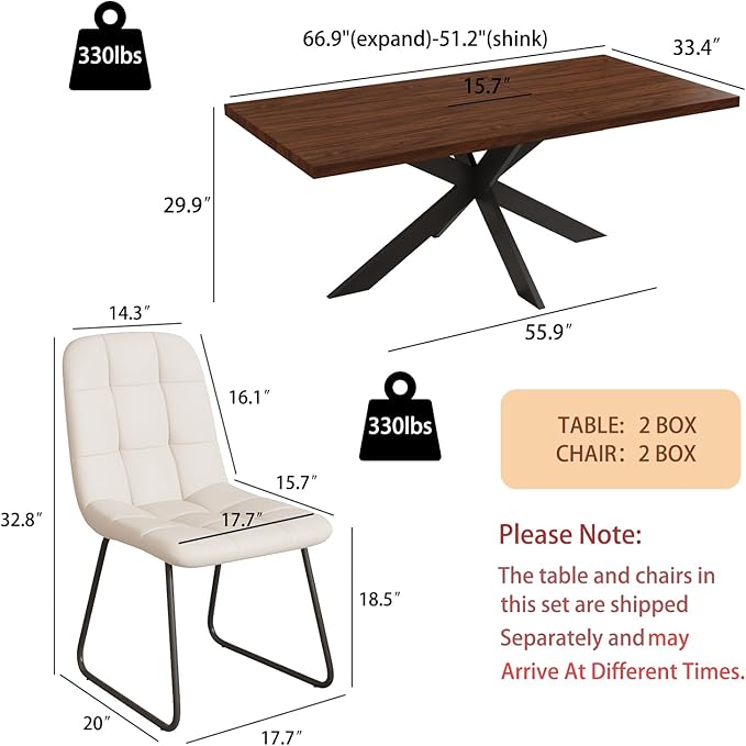 ZckyCine 7-Piece Dining Table Set with 51"-67" Extendable Walnut Wood Table and 6 PU Leather Chairs, Modern Rectangular Kitchen Table Set with Metal Legs, Seats 6, Easy Assembly
