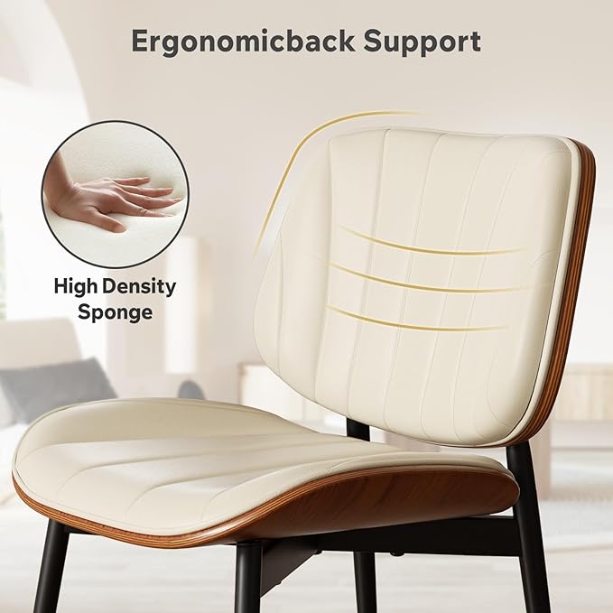Dining Chairs Set of 6, Mid Century Modern Dining Room Chair, Upholstered Faux Leather Kitchen Chairs with Walnut Bentwood Back and Metal Legs for Kitchen Dining Room Living Room, Beige