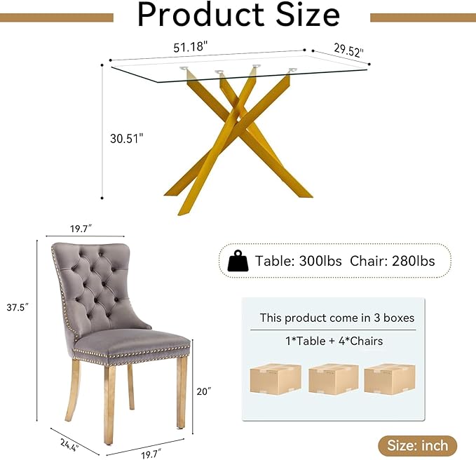 Goujxcy 5 Piece Glass Dining Table Set Modern Glass Dining Table Set for 4, 51" Rectangular Kitchen Table and 4 Velvet Upholstered Chairs for Kitchen Dining Room, Gold Table & Grey Chair