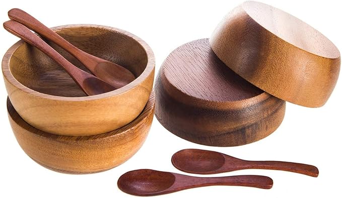 Set of 4 Small Round Acacia Wooden Bowls 2¾ Inch Diameter 1½" High With Spoons - Stackable Mixing Bowl Salad Soup Snack Dip Sauce Charcuterie Wood Tableware Sets for Decor and Serving