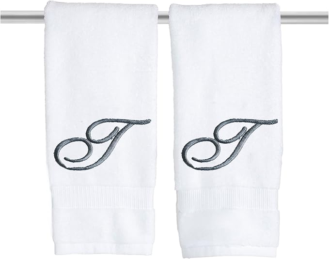 White Monogrammed Hand Towels for Bathroom - Luxury Hotel Quality Personalized Initial Embroidered Towel for Powder Room, Spa - GOTS Organic Certified - Set of 2 Dark Gray Letter T