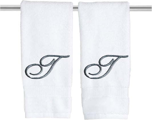 White Monogrammed Hand Towels for Bathroom - Luxury Hotel Quality Personalized Initial Embroidered Towel for Powder Room, Spa - GOTS Organic Certified - Set of 2 Dark Gray Letter T