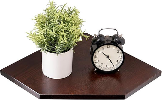 Corner Wall Shelf, Solid Oak Wood White Floating Corner Shelf Organizer with Wire Hole Small Plant Display for Kitchen Bedroom, Dark Walnut
