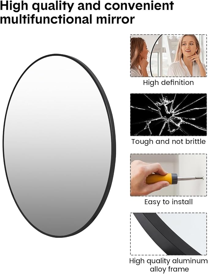 20 Inch Black Circle Wall Mirror, Modern Round Metal Framed Mirror for Bathroom, Entryway, Living Room, Bedroom, Dining Room, Hallway, Decorative Home Décor, Easy Mount