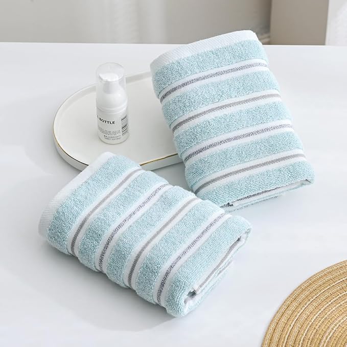 YiLUOMO Green Ribbed Striped Hand Towel Set of 2 Soft and Absorbent Cotton Bathroom Hand Towel Spring Decorative 13 x 29 Inch