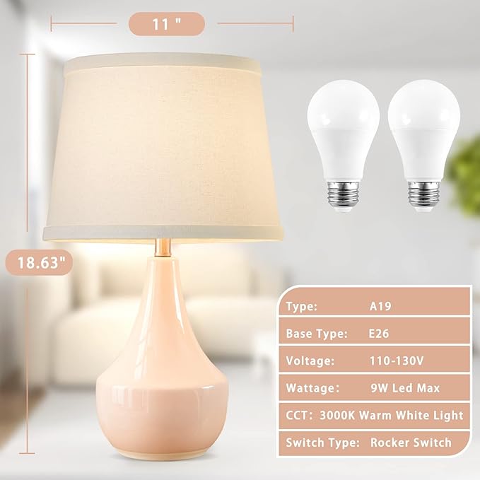 GyroVu Table Lamp Set of 2, 18.63” Ceramic Lamp Classic Beside Lamps Nightstand Lamp Modern Bedside Lamp for Living Room, Bedroom & Office Rocker Swtich Pink-LED Bulbs Included