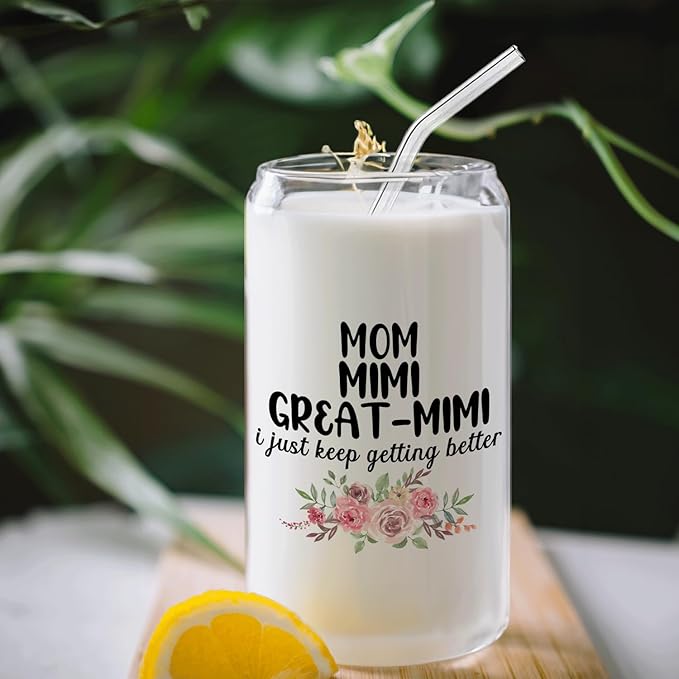 Christmas Grandmother Gifts For Mom Mimi Great Mimi Glass Coffee Cup With Lid And Straws 14oz - christmas Glass Cup gifts For Grandma
