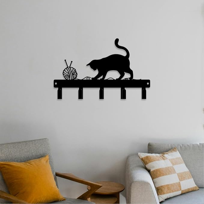 magilab Cat-Themed 10-Inch Iron Key Hooks with 5 Hooks, Black Wall Organizer - Cute Cat Design for Home Decor, No Drill & Screw-in Options (Style D)