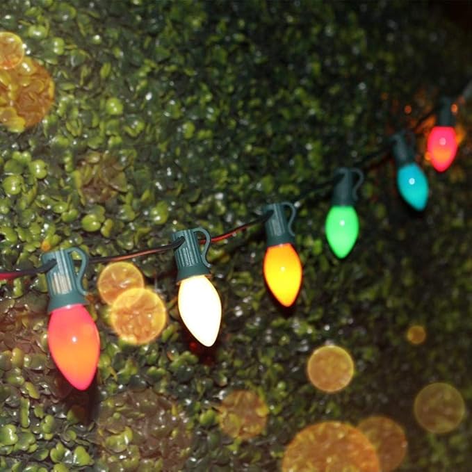 Couah C7 Christmas Lights, 25Ft Ceramic Vintage Christmas Lights with 25 Multicolor C7 Bulbs, Hanging for Xmas Tree Party Backyard Wedding Party Decor- Green Wire