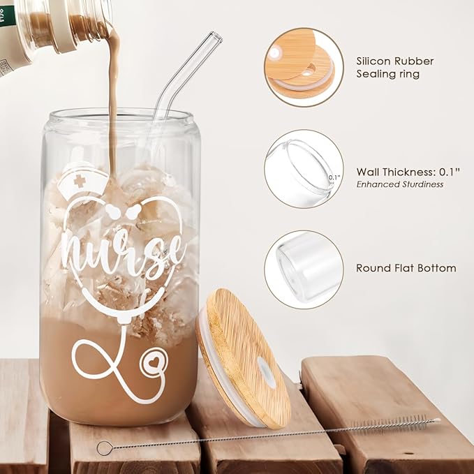 SANDJEST Nurse Glass Can, Nutrition Facts Cup with Lid & Straw, Iced Coffee Aesthetic Cups, Idea Gift for Christmas Birthday Nurse Week, Gifts for Women, 16oz