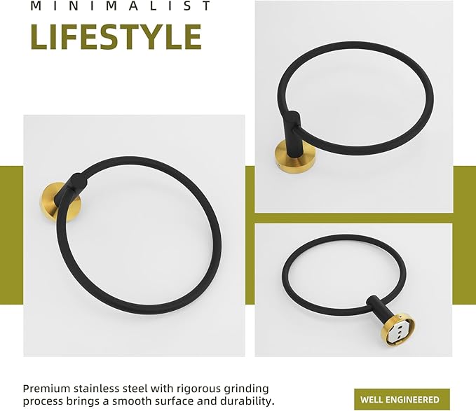 Angle Simple Towel Ring Swivel, Stainless Steel Hand Towel Holder Rack for Bathroom, Black and Gold