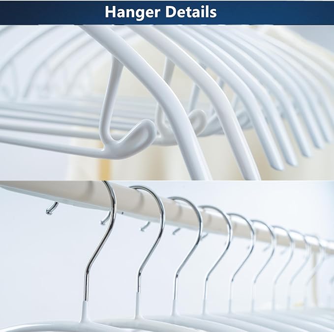 16.5 Inch Pack of 20 White No Shoulder Bumps Non-Slip Rubber Coating Contour Metal Hangers, Sweater Hanger, Suit Hanger with Pants Bar