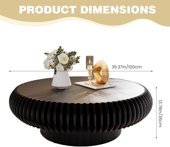 Fluted Round Coffee Table for Living Room 39.37" Modern Drum Coffee Table Mid Century Handcrafted Circle Wood Center Tables with Pedestal for Small Space Apartment (Black Large)