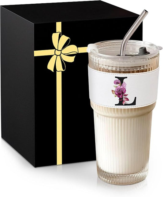 Letter Glass Cup with Lid Straw Ribbed Ice Tea Coffee Cute Stuff Brides Matcha Latte Clear Tumbler Wedding Her Day Bridal Shower Bachelorette Party Engaged Engagement Personalized Customized Gift L