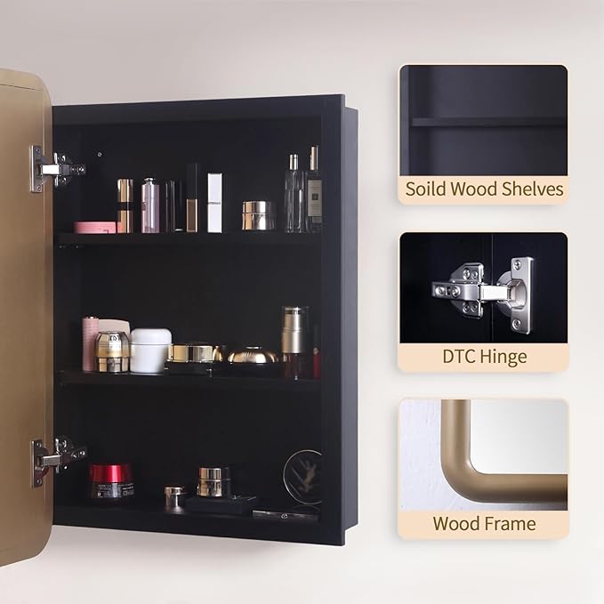 Bathroom Medicine Cabinet with Gold Wood Framed Mirror, Recessed or Wall Mount Bathroom Vanity with Storage Shelves 17.5x26 inch