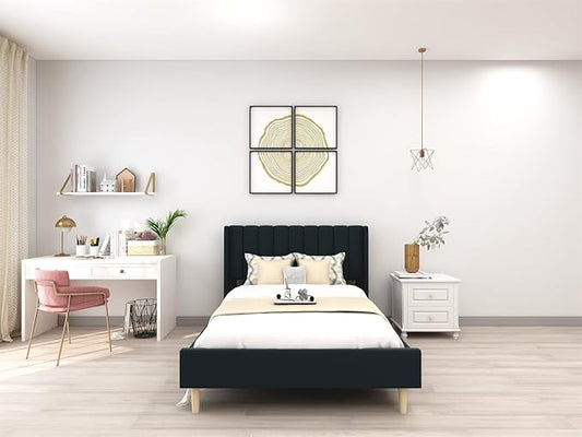 Low Profile Upholstered Platform Bed,Full Beds with Black(Linen)