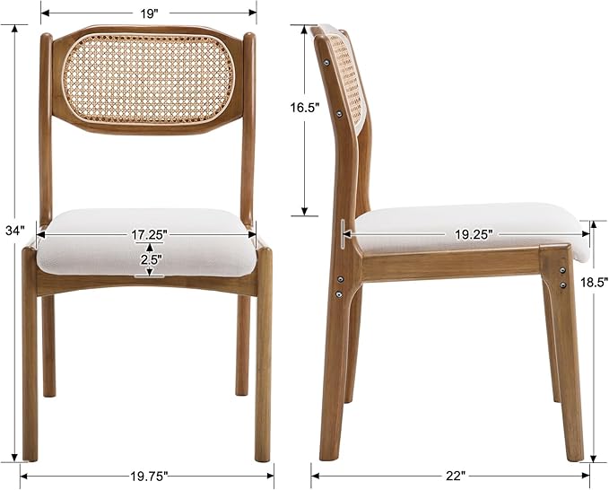 EALSON Farmhouse Rattan Dining Chairs Set of 6 Modern Mid Century Wood Dining Room Chairs with Cane Back Upholstered Linen Kitchen Side Chairs for Living Dining Room,Beige