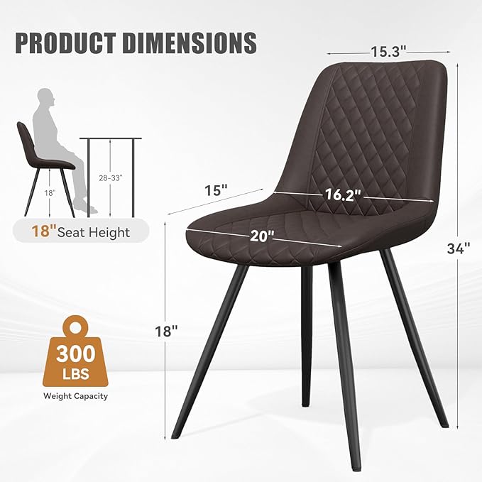 Modern Dining Chairs Set of 6, Top PU Leather Upholstered Dining Room Chairs with Metal Legs, Dark Brown
