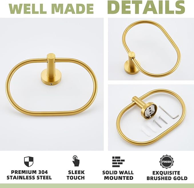 Bath Towel Ring Brushed Gold, APLusee 304 Stainless Steel Swivel Hand Towel Holder Dry Rack Near The Sink, Modern Bathroom Accessories