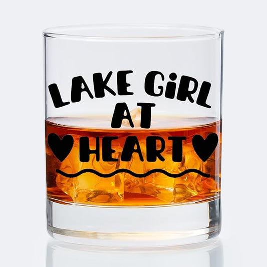 Lake Lovers Gifts Old Fashioned Whiskey Glasses, Lake Gifts for Women, Lakes Girl at Heart 10 oz Rocks Barware Cup for Cocktail Drinks Scotch Bourbon Liquor