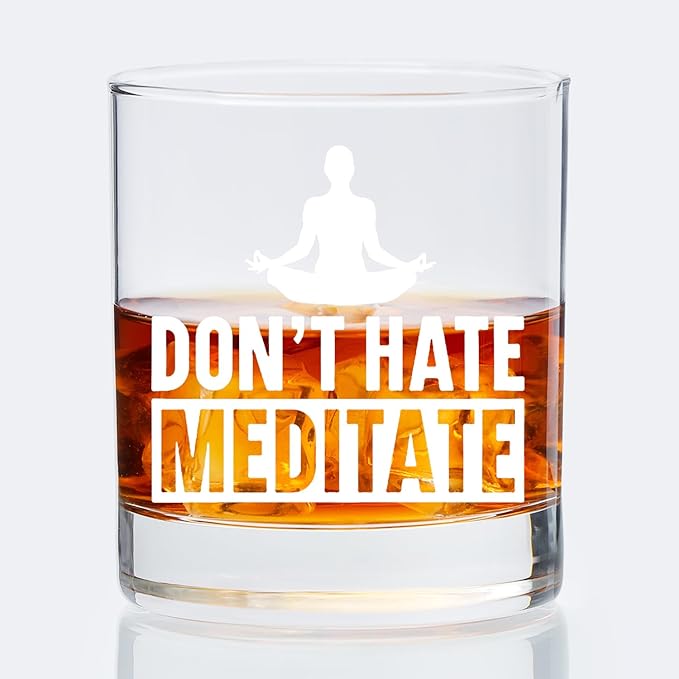 Meditation Lovers Gifts Old Fashioned Whiskey Glasses, Relaxing Meditation Gifts, Don't Hate Meditate 10 oz Rocks Barware Cup for Cocktail Drinks Scotch Bourbon Liquor