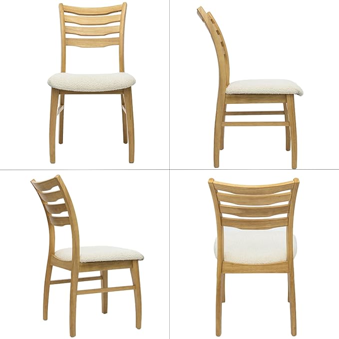 DUOMAY Farmhouse Dining Chairs Set of 2, Fur White Upholstered Side Chairs Solid Wood Ladder Back Kitchen Chairs for Home Dining Room, Light Browm Frame