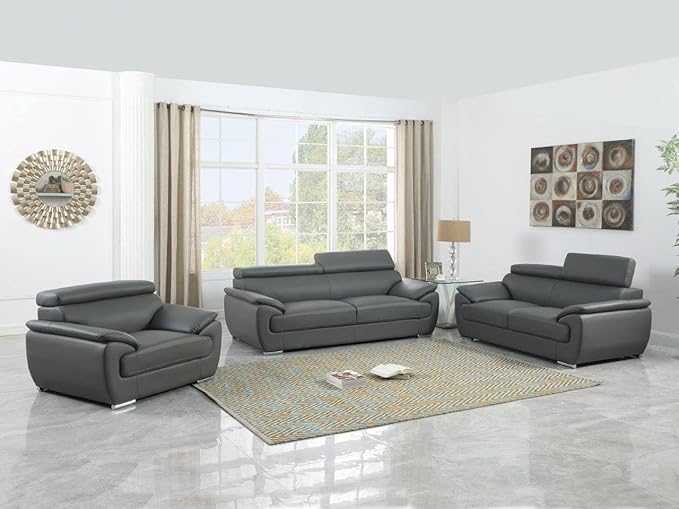 Blackjack Furniture 4571 Veal Collection Genuine Leather Couch for Living Room, Elegant Modern Design with Adjustable Headrests and Durable Wood Frame, Sofa, 86", Gray