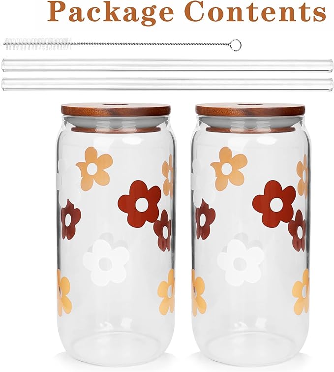 Glass Cups with Lids and Straws, Can Shaped Glass Cups, 20OZ Glass Cups, Drinking Glasses, Iced Coffee Glasses Cup, Smoothie Cups, Tumbler Glass, Reusable Iced Coffee Cup Drinking Glasses -Set of 2