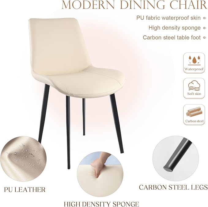 Dining Chairs, Modern PU Leather Dining Room Chair with Sturdy Metal Legs, Upholstered Seat Dinner Chairs Accent Side Chairs for Indoor Kitchen Living Room (Beige, Set of 2)