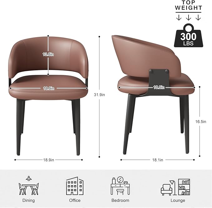 Modern Dining Chairs Set of 6, Faux Leather Upholstered Kitchen Chairs with Curved Back and Metal Legs, Mid Century Chairs for Dining Room, Kitchen, or Café (Brown)