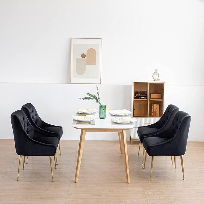 Modern Dining Chair Set of 4, Mid-Century Room Chair, Upholstered Comfortable Velvet with Back Pull Rod and Metal Legs for Kitchen, Dining, Living (Black), (DYXSD)
