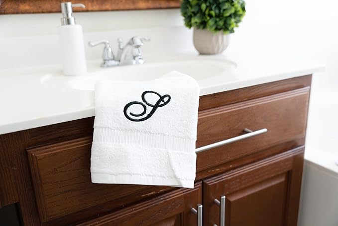 White Monogrammed Hand Towels for Bathroom - Luxury Hotel Quality Personalized Initial Embroidered Towel for Powder Room, Spa - GOTS Organic Certified - Pack of 2 Black, Letter S