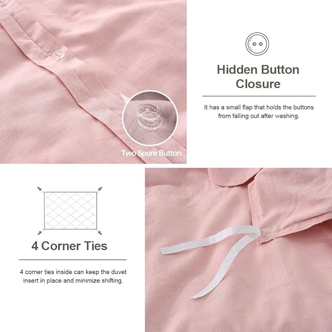 Simple&Opulence French Linen Duvet Cover Set 88" x 92"- 3 Pieces (1 Comforter Cover,2 Pillowcases)- Natural Flax Cotton Blend-Solid Color Breathable Farmhouse Bedding- Pale Pink, Queen