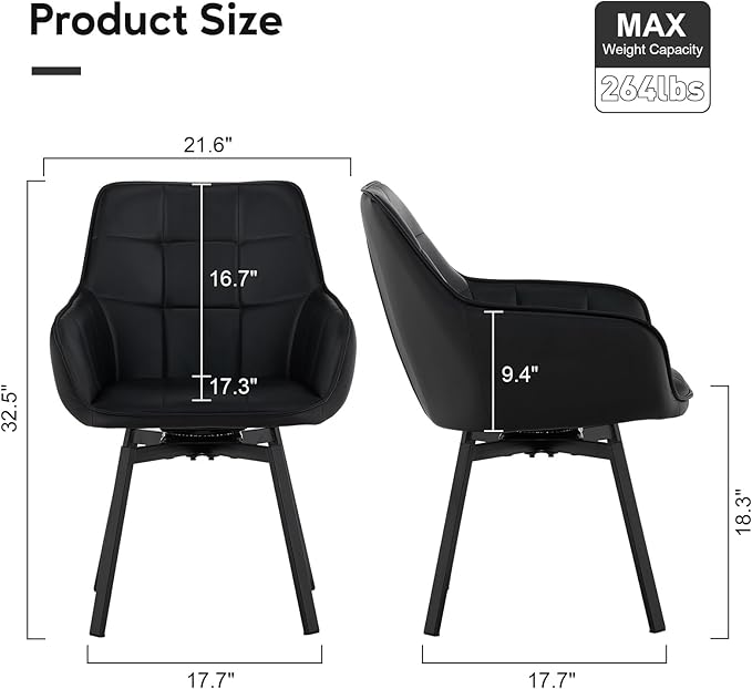 TUKAILAi Swivel Dining Chairs Set of 2, PU Armchairs Upholstered Accent Dining Chairs with Metal Legs, Rotatable Desk Chair for Home Office Kitchen Chair Restaurant (Black)