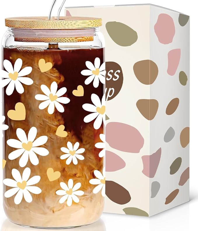 Daisy Aesthetic Glass Cups with Lids and Straws, Floral Iced Coffee Cup, Glass Cup with Colorful Flower, Aesthetic Christmas Iced Coffee Cup, irthday Gifts for Women Coffee Lovers