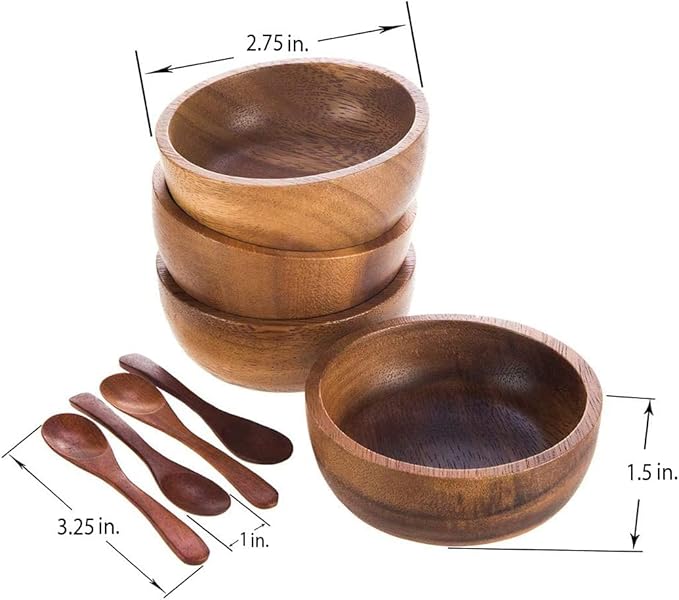 Set of 4 Small Round Acacia Wooden Bowls 2¾ Inch Diameter 1½" High With Spoons - Stackable Mixing Bowl Salad Soup Snack Dip Sauce Charcuterie Wood Tableware Sets for Decor and Serving