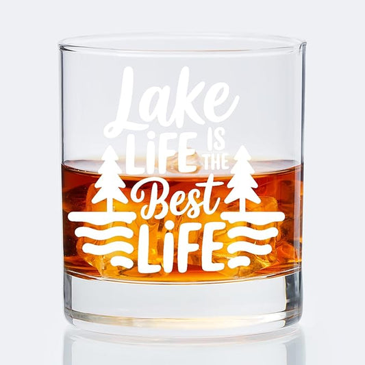 Lake Life Gifts Old Fashioned Whiskey Glasses, Gifts for Lake Lovers, Lakes Life Is The Best 10 oz Rocks Barware Cup for Cocktail Drinks Scotch Bourbon Liquor