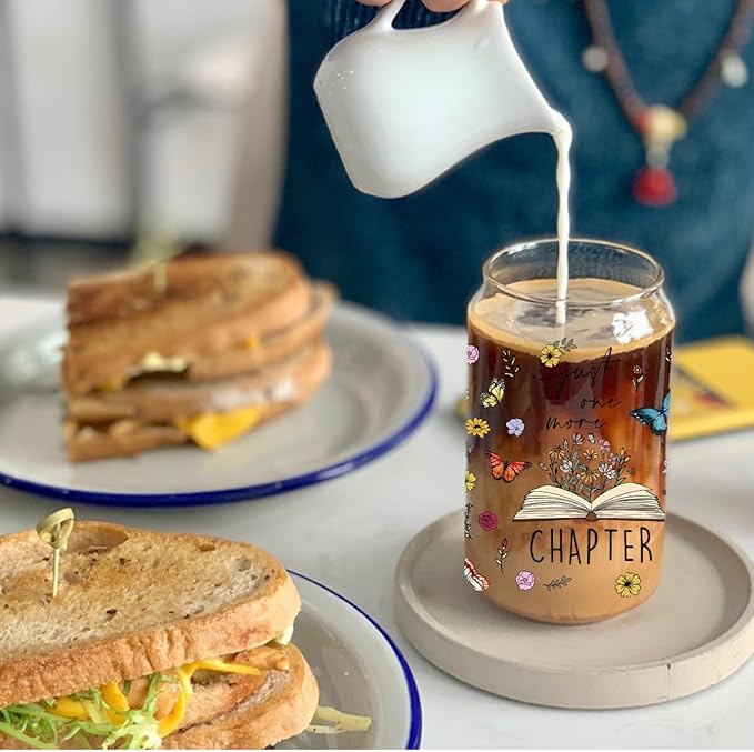 Book Lovers Gifts: 16 oz Glass Cups with Lid and Straw, Floral Butterfly Iced Coffee Can, Just One More Chapter