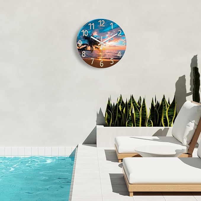 XFM Beach Wall Clocks Battery Operated 16 Inch Silent Non-Ticking Wall Clock Sunset Palm Tree Coastal Wall Clock for Bedroom Living Room Office Decor