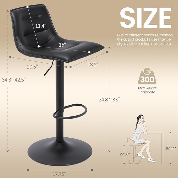 Brage Living Adjustable Bar Stools Set of 2, Modern PU Leather Swivel Counter Height Barstools with Back, Armless Airlift Curved Bar Chairs for Kitchen Dining Cafe (Black, Black Base)