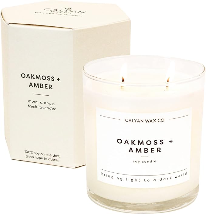 Calyan Wax Co. Oakmoss & Amber 2 Wick Scented Candle - 37 Hour Burn - Luxury Non Toxic Soy Wax Candles - Long Lasting Large Glass Jar Candle for Home - 8.8oz