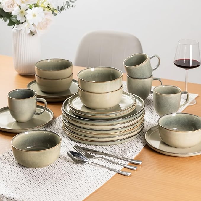 AmorArc Stoneware Dinnerware Sets for 4,Round Reactive Glaze Ceramics Plates and Bowls Set,Highly Scratch Resistant Dishware | Dishwasher & Microwave Safe Dishes Set,Service for 4 (12pc)