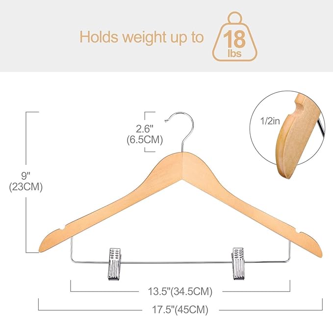 HOUSE DAY Wooden Hangers with Clips 48 Pack,Wooden Suit Hangers Skirt Hangers Solid Wood Pants Hangers Natural Smooth Finish Wood Hangers with Durable Metal Clips for Blouse, Dress, Coat, Jacket