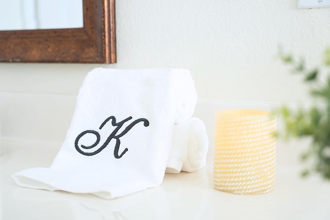 White Monogrammed Hand Towels for Bathroom - Luxury Hotel Quality Personalized Initial Embroidered Towel for Powder Room, Spa - GOTS Organic Certified - Set of 2 Dark Gray Letter K