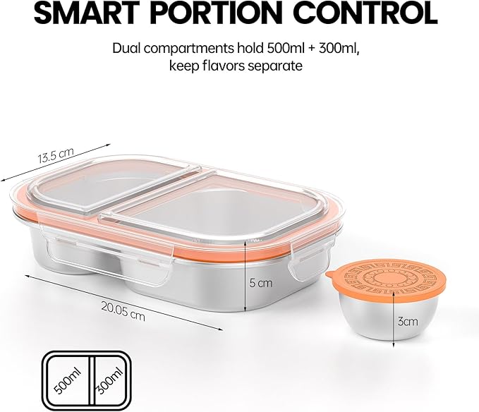 Snackle Box Container,Dishwasher,Reusable Snack Containers With Lids,2 Compartment Stainless Steel Snack Containers,Fruits, Snacks,Nuts,Salad,travel,800ML,White&Orange,2 Pack