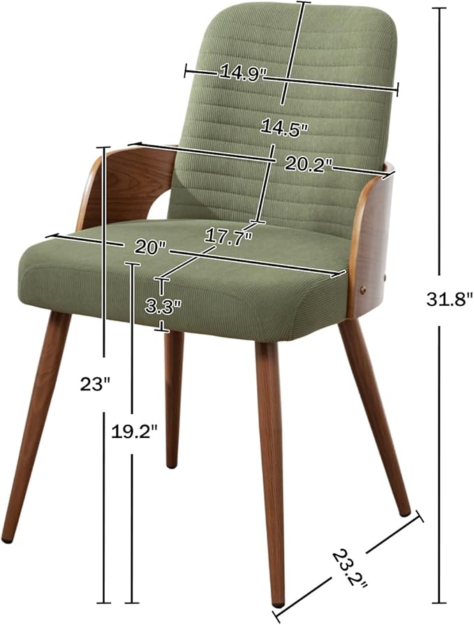 Dining Room Chairs Set of 4,Mid Century Modern Kitchen Chairs,Green Corduroy Fabric Upholstered Accent Chairs,Metal Legs Wooden Desk Chairs,Armless and No Wheels for Kitchen Dining Room