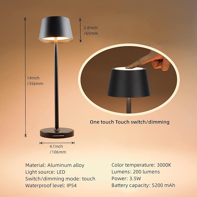 Cordless Table Lamps Set of 2,with Touch Dimming and IP54 Waterproof Function Desk Lamp,Suitable for Indoor and Patio Lighting Black 2 Pcs